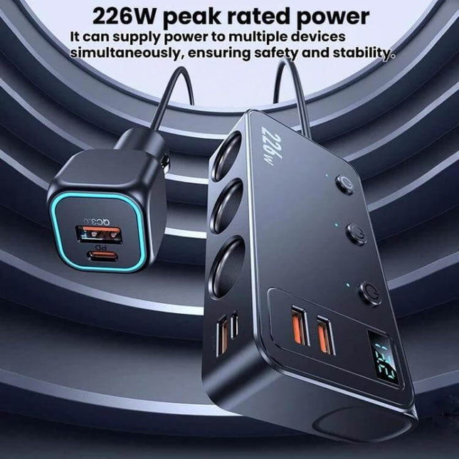3-In-1 Car Cigarette Lighter Charger With Digital Display showing 226W peak rated power, PD USB-C 45W and USB-A ports, compact multi-port car charger