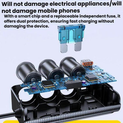 3-In-1 Car Cigarette Lighter Charger With Digital Display showing exploded view of internal circuit board, fuses, and multi-port sockets, PD USB-C and USB-A