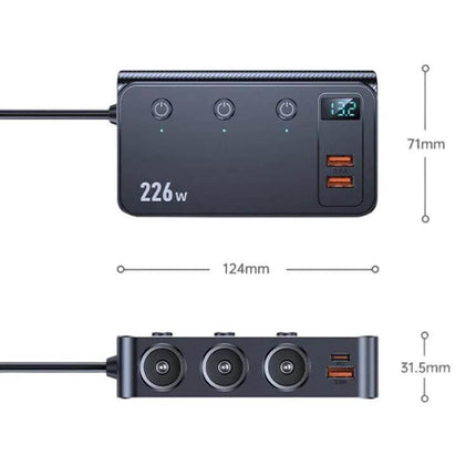 3-In-1 Car Cigarette Lighter Charger With Digital Display showing three socket ports, PD USB-C and dual USB-A ports, digital voltage display and dimensions