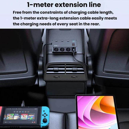 3-In-1 Car Cigarette Lighter Charger With Digital Display mounted in car center console powering tablet and handheld game console with 1-meter extension cable