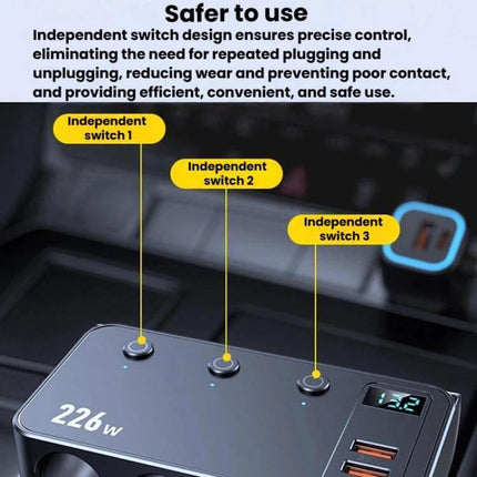 3-In-1 Car Cigarette Lighter Charger With Digital Display showing independent switch design, digital watt/voltage readout and multiple USB ports