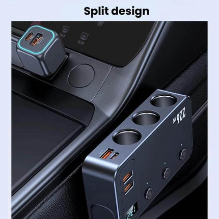 3-In-1 Car Cigarette Lighter Charger With Digital Display compact split design with PD USB-C 45W, dual USB-A ports, three sockets and independent switches