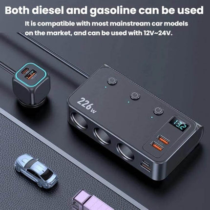 3-In-1 Car Cigarette Lighter Charger With Digital Display showing 226W multi-port unit with PD USB-C, two USB-A ports, three sockets and LED digital readout