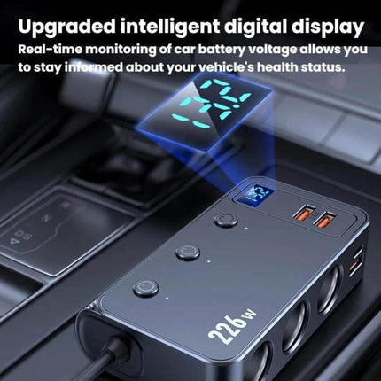 3-In-1 Car Cigarette Lighter Charger With Digital Display showing digital voltage readout, three sockets, PD USB-C and dual USB-A ports, 226W label