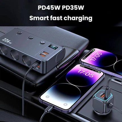 3-In-1 Car Cigarette Lighter Charger With Digital Display showing PD45W PD35W ports charging two smartphones and USB-C PD cable