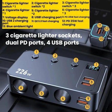 3-In-1 Car Cigarette Lighter Charger With Digital Display compact 3-socket car charger with dual PD USB-C 45W and USB-A ports, digital voltage display