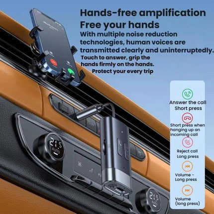 G76 Bluetooth Receiver Transmitter Car AUX Adapter For Home Audio shown plugged into car AUX port with phone mount and hands-free call controls