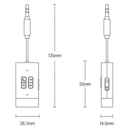 G76 Bluetooth Receiver Transmitter Car AUX Adapter For Home Audio - product diagram with dimensions 125mm x 28.7mm x 14.5mm and TX/RX switch