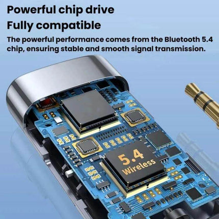 G76 Bluetooth Receiver Transmitter Car AUX Adapter For Home Audio showing internal Bluetooth 5.4 chip and AUX jack close-up