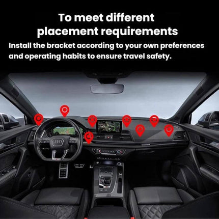 Snail-Shaped Adhesive Car Phone Mount Base (2-Pack) shown in car dashboard with red placement markers for varied curved-surface mounting