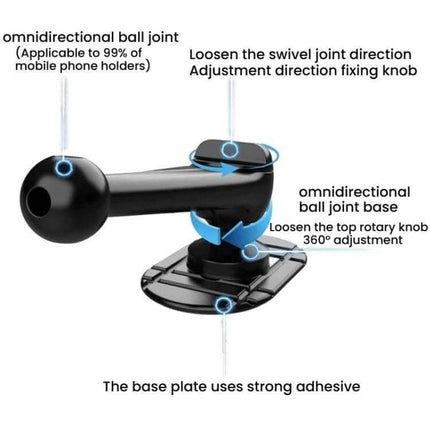 Snail-Shaped Adhesive Car Phone Mount Base (2-Pack) showing omnidirectional ball joint, swivel knob, and strong adhesive base for curved dashboards