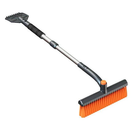 Versatile Multi-Functional Snow Scraper for Cars and Home Sweeping with telescoping aluminum handle, ice scraper head and orange bristle broom for indoor/outdoor use
