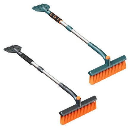 Versatile Multi-Functional Snow Scraper for Cars and Home Sweeping with telescoping handle, ice scraper head and orange bristle broom for car and indoor use