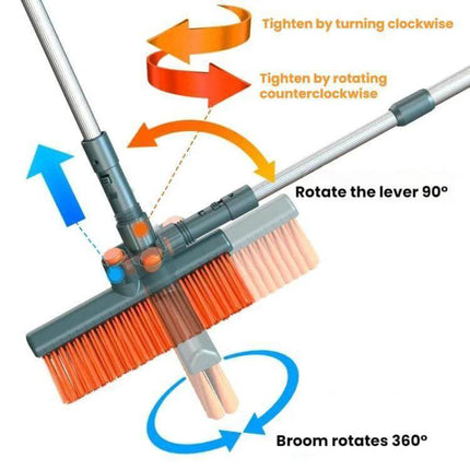 Versatile Multi-Functional Snow Scraper for Cars and Home Sweeping shown with rotating 360° broom head and adjustable aluminum handle
