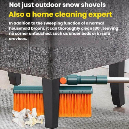 Versatile Multi-Functional Snow Scraper for Cars and Home Sweeping shown sweeping under furniture with bright orange bristles and adjustable handle