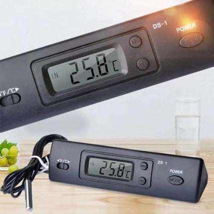 Mini Embedded Waterproof Digital Thermometer With Large Screen showing 25.8°C on large display with waterproof probe and power button