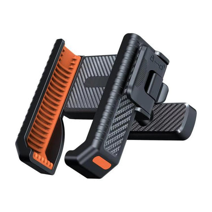 Universal Magnetic Phone Mount for Wall and Car Use - black carbon-fiber textured magnetic holder with orange grip for car dash and wall mounting