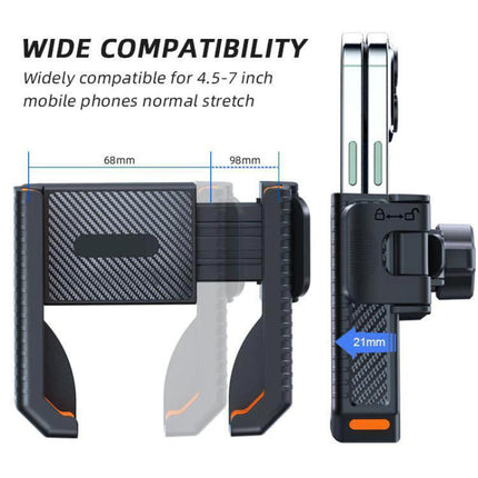 Universal Magnetic Phone Mount for Wall and Car Use showing adjustable grip and side profile with measurement markings