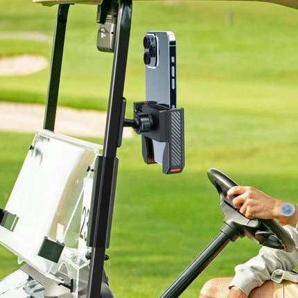 Universal Magnetic Phone Mount for Wall and Car Use holding smartphone on a golf cart for hands-free navigation and stability