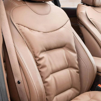 Car Seat Cushion Non Slip For Front And Rear Seats in tan Nappa leather with plum blossom buckle, non-slip protective padding for driver and passenger seats