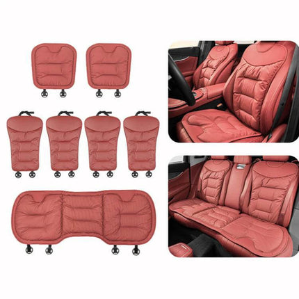 Car Seat Cushions Non Slip Perforated Set For Front And Rear Seats in red Nappa leather showing front and rear seat coverage, breathable non-slip perforated design
