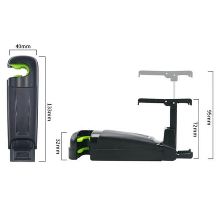 Car Phone Holder With Extendable Hidden Hook For Hands Free Driving compact dashboard and headrest mount with dimensions shown