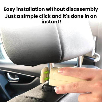 Car Phone Holder With Extendable Hidden Hook For Hands Free Driving shown clipped onto a car headrest for easy installation and hands-free use