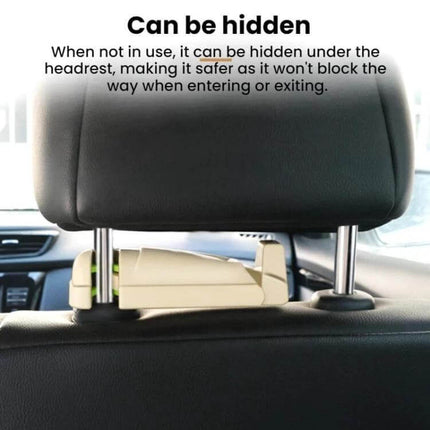 Car Phone Holder With Extendable Hidden Hook For Hands Free Driving shown retracted under a car headrest for unobtrusive storage and safety
