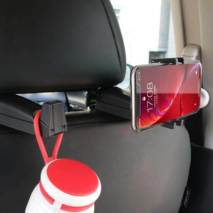 Car Phone Holder With Extendable Hidden Hook For Hands Free Driving mounted on headrest holding smartphone and securing accessories