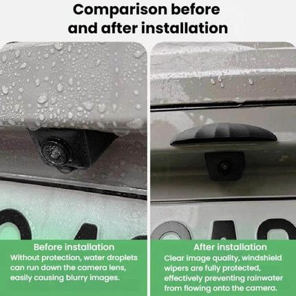 Silicone Rain Shield for Car Reverse Cameras, 10 Pack installed showing before and after rain protection for backup camera
