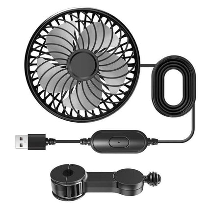 Car Rear USB Silent Three-Speed Fan for Backseat Comfort - black USB-powered silent fan with headrest clip, 5V USB cord and three-speed control