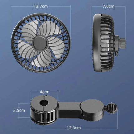 Car Rear USB Silent Three-Speed Fan for Backseat Comfort - compact USB 5V clip-on fan with adjustable headrest mount and dimensions shown