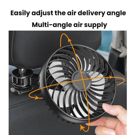 Car Rear USB Silent Three-Speed Fan for Backseat Comfort mounted on headrest with adjustable multi-angle airflow and quiet USB-powered operation