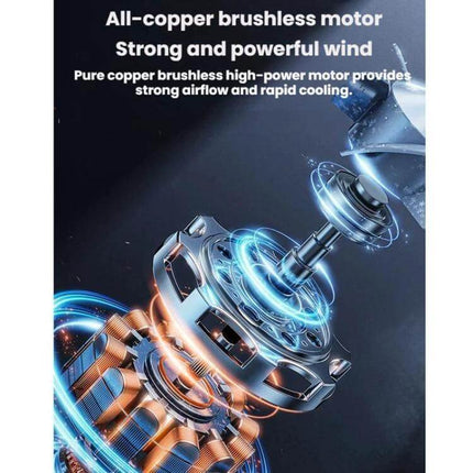 Car Rear USB Silent Three-Speed Fan for Backseat Comfort showing all-copper brushless motor exploded view highlighting strong, quiet airflow and rapid cooling