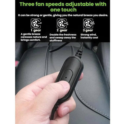 Car Rear USB Silent Three-Speed Fan for Backseat Comfort handheld controller showing three-speed settings and headrest clip