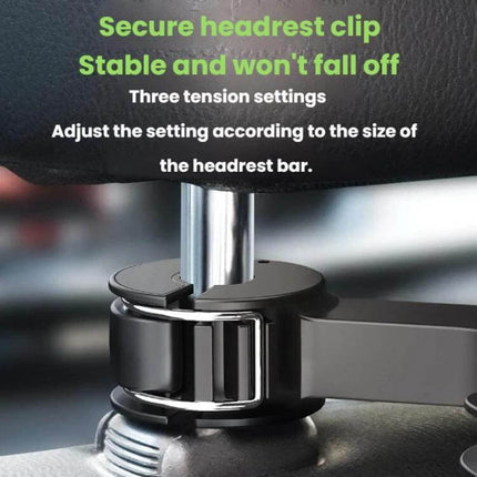 Car Rear USB Silent Three-Speed Fan for Backseat Comfort headrest clip showing secure three-tension adjustable mount for rear-seat cooling