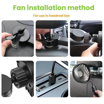 Car Rear USB Silent Three-Speed Fan for Backseat Comfort installed on headrest bar showing clip, USB power and adjustable fan positions