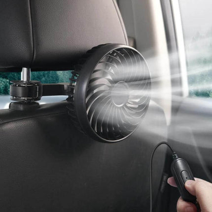 Car Rear USB Silent Three-Speed Fan for Backseat Comfort mounted on headrest clip blowing cool air to rear passengers, USB-powered quiet 3-speed fan