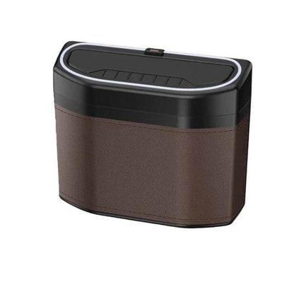Car Trash Can Side Mounted Storage Box For Cars In Car Interior - brown microfiber leather exterior with ABS interior, compact car trash bin