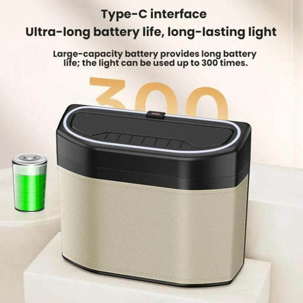 Car Trash Can Side Mounted Storage Box For Cars In Car Interior — beige microfiber leather compact side-mounted car trash bin with USB-C battery light