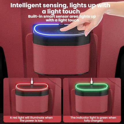 Car Trash Can Side Mounted Storage Box For Cars In Car Interior with LED sensor light, microfiber leather exterior and ABS interior, compact mounted trash bin