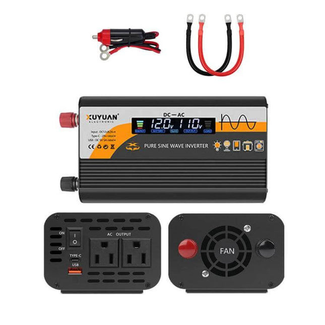 XUYUAN Pure Sine Wave Inverter for Car Battery Power Conversion - compact inverter kit with display, AC outlets, USB, fan and battery cable accessories