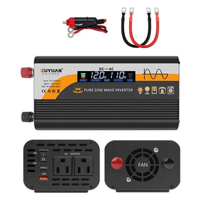 XUYUAN Pure Sine Wave Inverter for Car Battery Power Conversion shown with cables, AC outlets, fan and digital display