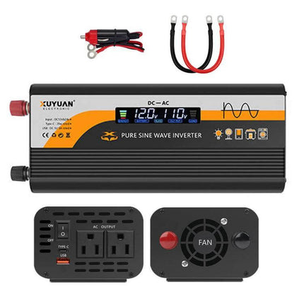 XUYUAN Pure Sine Wave Inverter for Car Battery Power Conversion compact inverter with display, AC outlets, USB, fan and battery cables