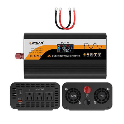 XUYUAN Pure Sine Wave Inverter for Car Battery Power Conversion - compact DC to AC inverter with display, fans, outlets and battery cables for road trips