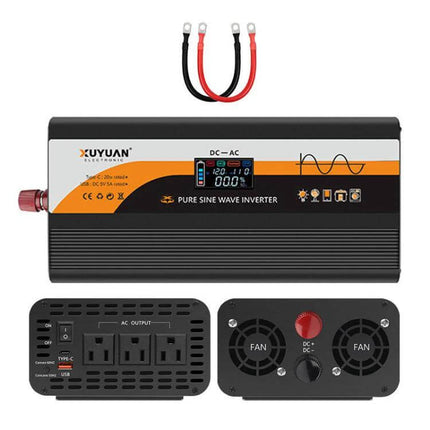 XUYUAN Pure Sine Wave Inverter for Car Battery Power Conversion compact inverter with display, AC outlets and battery cables for road trips