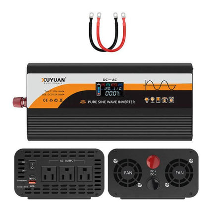 XUYUAN Pure Sine Wave Inverter for Car Battery Power Conversion - compact DC to AC inverter with outlets, fans, display and battery cables