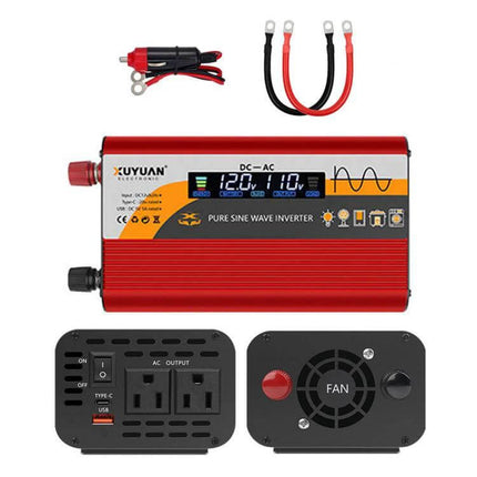 XUYUAN Pure Sine Wave Inverter for Car Battery Power Conversion red portable inverter with cables, LCD display and AC outlets for road trips and off-grid use
