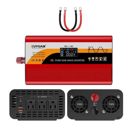 XUYUAN Pure Sine Wave Inverter for Car Battery Power Conversion - red inverter with LCD, AC outlets, cooling fans and battery cables