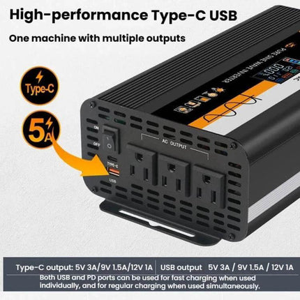 XUYUAN Pure Sine Wave Inverter for Car Battery Power Conversion - compact inverter with Type-C and AC outlets for powering appliances on road trips